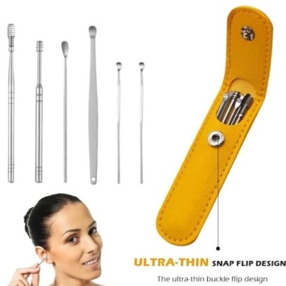 Professional Ear Wax Removal Kit: 6-Piece Stainless Steel Ear Cleaner Set with Leather Pouch & Spring Curette
