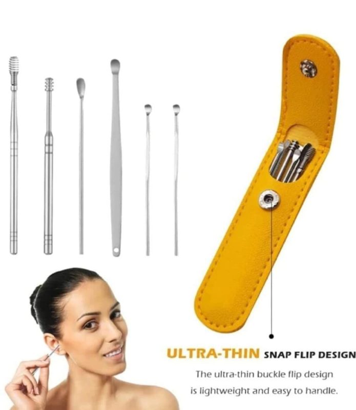 Professional Ear Wax Removal Kit: 6-Piece Stainless Steel Ear Cleaner Set with Leather Pouch & Spring Curette