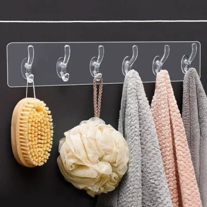 Plastic Adhesive 6 Hook Strip: Strong Self-Stick Wall Hanger for Kitchen & Bathroom (No Drilling)